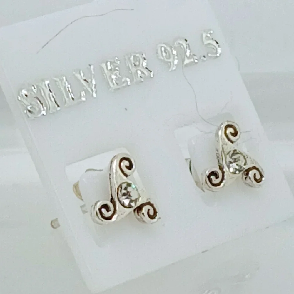 Sterling Silver 925 Celtic Triskelion Stud Earrings Crystal Triple‎ Spiral